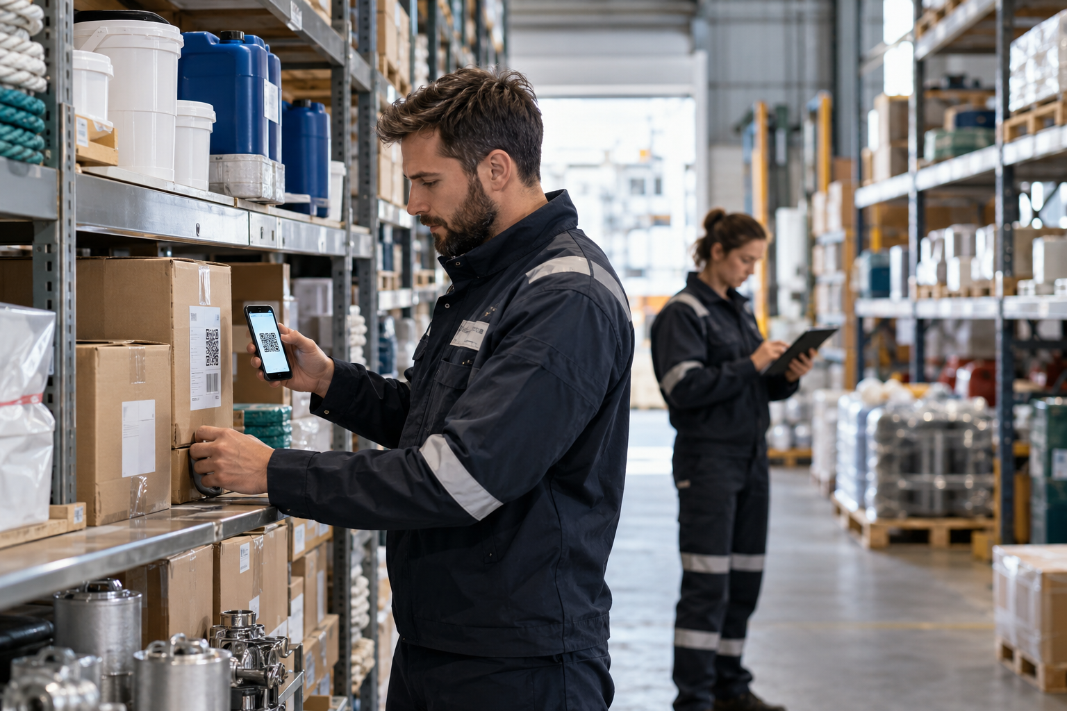 Warehouse team scanning a product QR Code